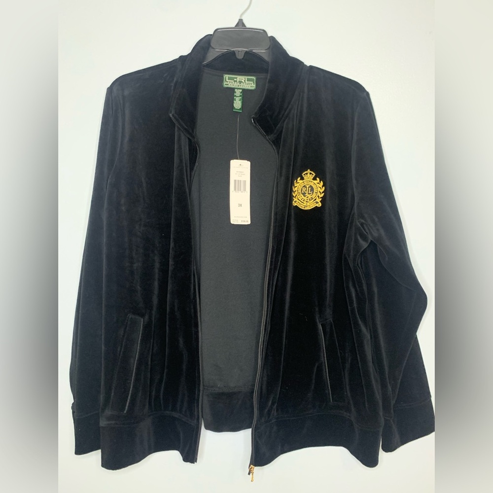 Ralph Lauren Jacket Women's 3X Plus Black Velvet Velour Logo Crest Full Zip New